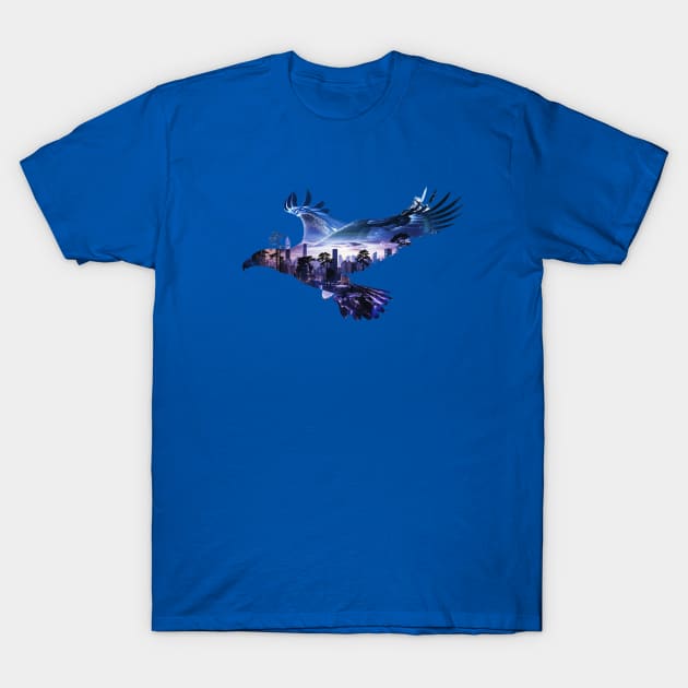 Flying eagle and night city double exposure T-Shirt by AnnArtshock